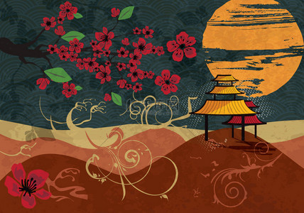 传统的日本背景与樱花，矢量