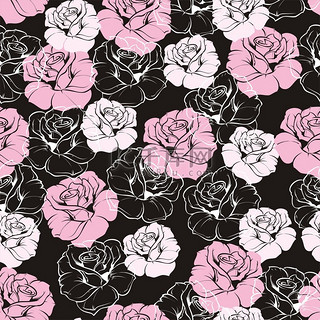 无缝的矢量深色的花纹在黑色背景上的粉红色和白色复古玫瑰。美丽抽象的老式质地，带粉红色的花朵和可爱的背景.