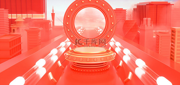 新春大促海报背景图片_C4D海报舞台红色卡通电商banner