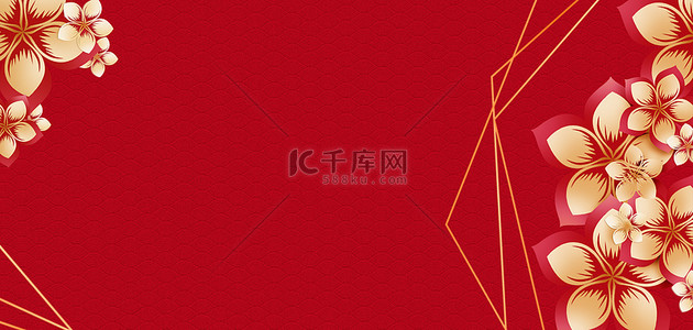 大红富贵背景图片_婚礼金花线条大红色简约中式高端背景