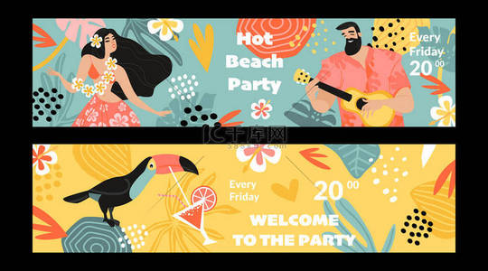 Set of vector banners for a summer beach party with a man with a ukulele, a dancing girl and a toucan. Cartoon characters in flat style