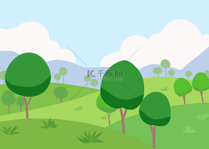 扁平插画绿色山背景图片_卡通背景抽象简单树木山川蓝天白云背景