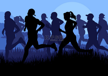 sport背景图片_Marathon runners in skyscraper city landscape background illustration