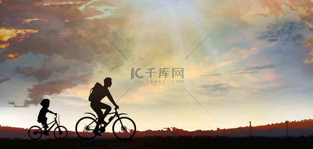 自行车轮毂主图背景图片_父亲节剪影晚霞夕阳简约自行车背景