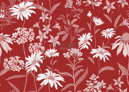 无缝的夏天图案与野花洋甘菊, 草药, 铃铛。花卉背景, 用于墙纸、纸张、纺织品、织物的印刷。手绘草图。时尚插图。红色和白色.