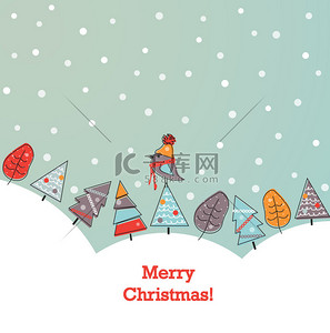 圣诞节明信片背景图片_与涂鸦的树和鸟在围巾圣诞节背景