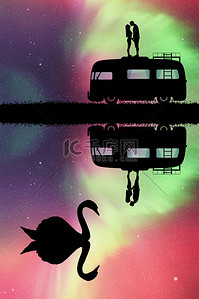 车背景图片_晚上爱在复古车的车顶上. 天鹅湖以一对夫妇的轮廓描绘的矢量图解。 家庭公路旅行。 星空中的北极光。 五彩缤纷的北极光