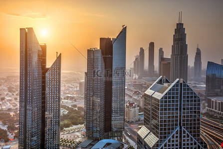 迪拜日落全景市中心。迪拜是超级现代化的阿联酋城市, 大都会大都市.