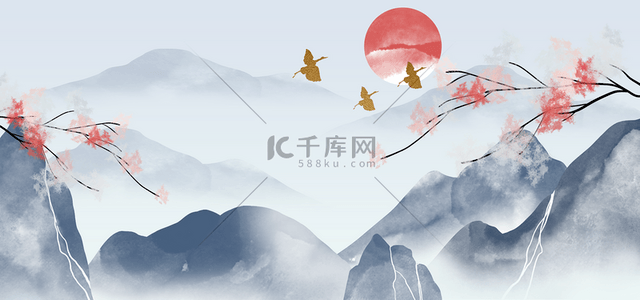 富士背景图片_红日梅花和山峰山水质感背景