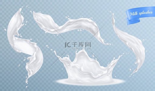 牛奶溅出逼真的场景，在透明背景矢量图上带有飞溅的液滴和白色液体的孤立图像