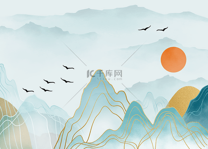 白色点线条背景图片_太阳山峰云雾山水质感背景