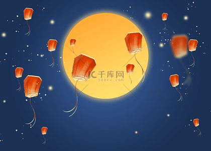 中元节和盂兰盆节月亮下的灯笼