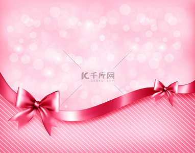 假日粉红色背景用礼物光泽弓箭和功能区。矢量