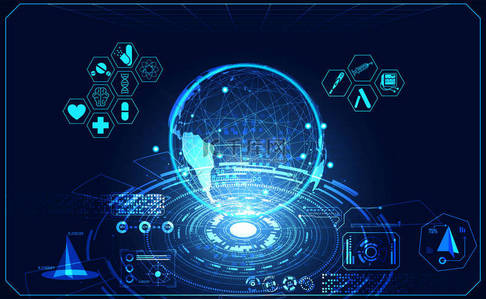 健康医学世界用户界面未来的界面全息图科学保健图标数字技术科学概念现代创新、治疗、医学高科技未来蓝色背景