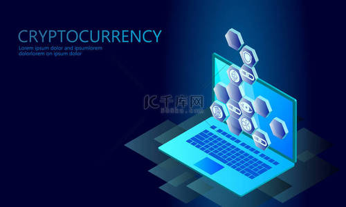 laptop背景图片_Isometric internet cryptocurrency coin business concept. Blue glowing isometric Bitcoin Ethereum Ripple coin finance mining pc laptop future technology. 3D infographic vector illustration