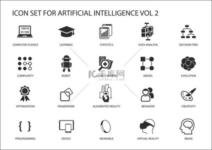 用于人工智能 （Ai） 概念的矢量图标集。使用平面设计的主题的各种符号