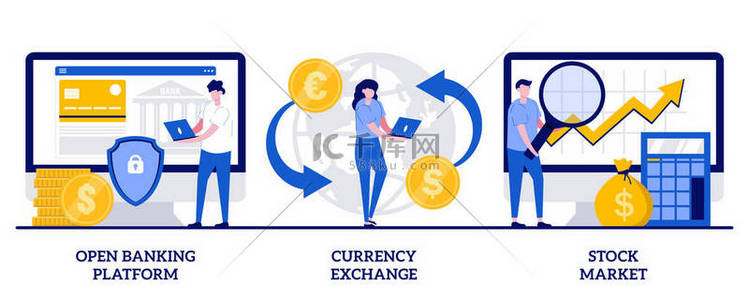 system背景图片_Open banking platform, currency exchange, stock market concept with tiny people. Financial system vector illustration set. Finance digital transformation, stock exchange and economy profit metaphor.