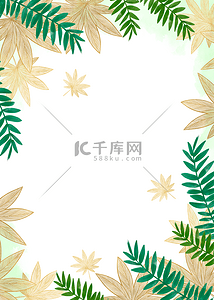 卡通森林元素背景图片_卡通叶片植物金色线稿背景
