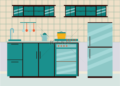 室内背景图片_绿色时尚风格厨房背景插画