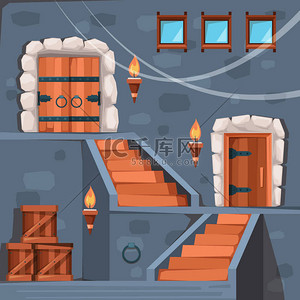 城堡地下室 古代监狱入口黑暗地窖内部有门和楼梯石矢量平面图片