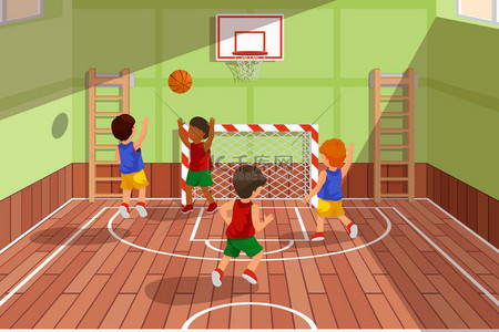 矢量篮子背景图片_校篮球队玩游戏。孩子们玩，矢量图