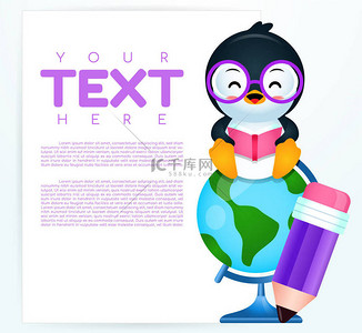 卡通游戏插图背景图片_卡通可爱企鹅坐在带横幅的世界地球上的图解向量图。适用于儿童图书封面、儿童图书插图、游戏插图、横幅、动画等.