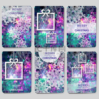 圣诞海报背景图片_Set of 6 Colorful Merry Christmas and Happy New Year polygonal background with snowflakes