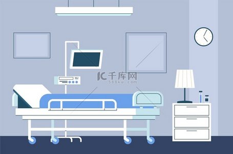 医院房间内部现代化的强化治疗病房配有带轮子的床和医疗设备急诊室配有家具监视器和滴管的蓝色医疗矢量平面辅助概念医院房间内部现代强化治疗病房智慧