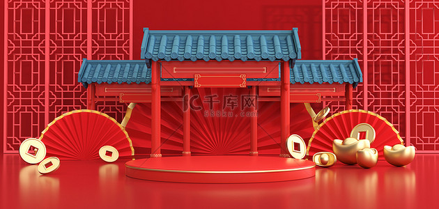 新年中国风建筑背景c4d