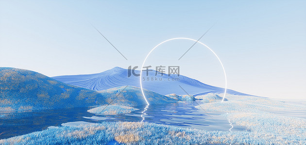 唯美发光背景图片_唯美风景草地发光圆环蓝色C4D