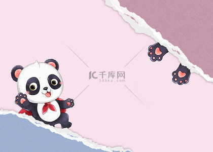 可爱卡通熊猫图标背景图片_熊猫粉色纸张水彩动物撕纸背景