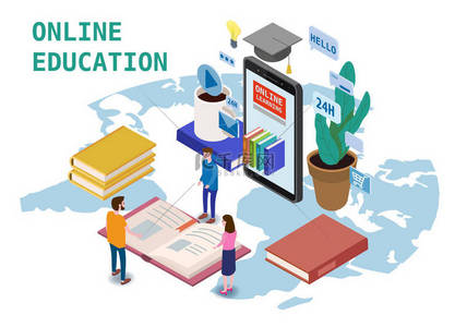 在线教育等轴测图标组成与很少人从智能手机电子图书馆在线全球教育培训课程,大学学习和数字图书馆的书籍