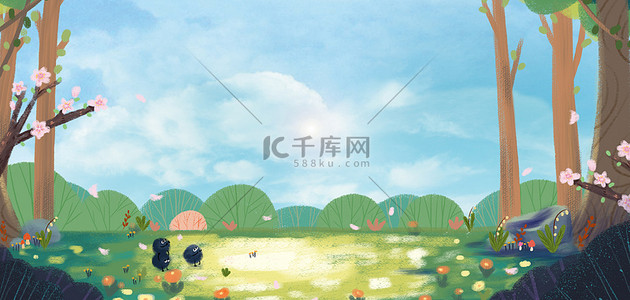 草地背景图片_春天森林蓝色卡通背景