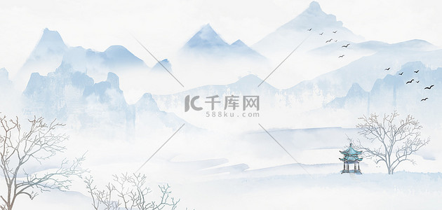 中banner背景图片_中国风群山蓝色国风水墨banner