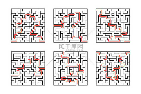 ai迷宫背景图片_一组方形的迷宫。孩子们的游戏。儿童拼图。迷宫难题。在白色背景查出的平的向量例证。有了答案.