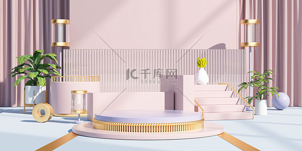 双十一banner背景背景图片_电商立体站台粉色c4d