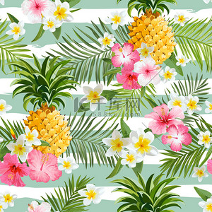 菠萝和热带花卉几何背景