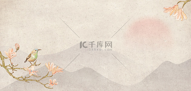 简约花鸟山峰灰色中国风banner