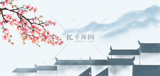 中国风徽派建筑浅蓝国风中式banner