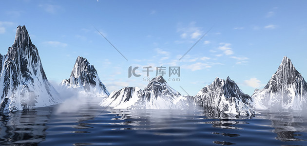 蓝色商务c4d背景图片_山脉海洋C4D空间蓝色立体背景