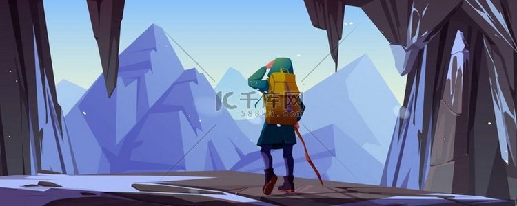 旅行者在山洞入口处的后视图背着背包的游客和工作人员站在多岩石的雪地上眺望远处的山峰徒步旅行冒险极限卡通矢量插图登山洞穴入口处的旅行者后视图