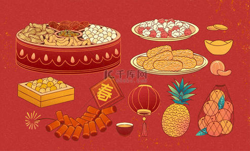 在手绘图案中以红色为背景的一套中国新年食品元素，包括干果、水果和爆竹，文字：春天