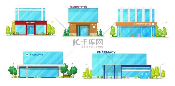 药房建筑、药店和医疗机构建筑立面图标。