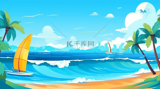 海上冲浪运动背景图片_扁平卡通风格大场景大海上海上运动