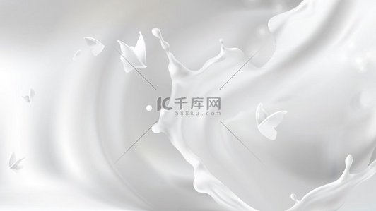 牛奶飞溅的漩涡形状和白色液体蝴蝶的轮廓孤立在灰色波浪背景上天然乳制品或化妆品的广告和包装设计元素牛奶飞溅漩涡形状和蝴蝶轮廓