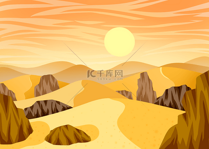 卡通夏季背景图片_沙漠日落黄昏抽象卡通黄色石头背景