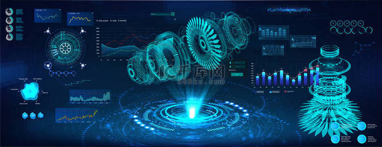 未来全息图3D物体、涡轮机和喷气式发动机