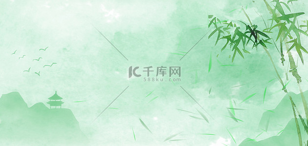 中国风水墨背景图片_清明节山水竹子绿色水墨中国风春天海报背景