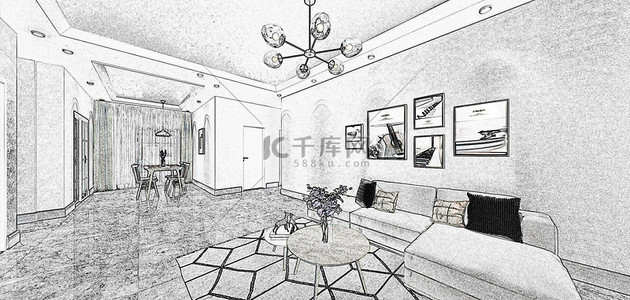 装修设计客厅效果淡彩线稿彩铅手绘背景图