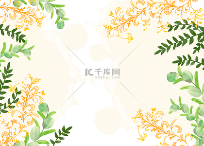 绿色花纹图案背景图片_抽象水彩花纹金色线稿植物背景